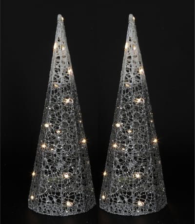 Countryfield LED verlichte kegel kerstboom lampen - 2x - zilver - metaal- H40 cm -