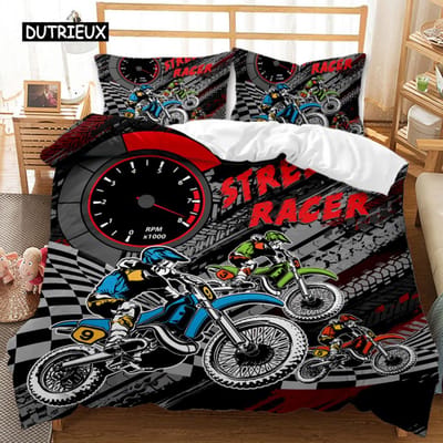Motorfiets dekbedovertrekset Motocross rijder Racemotor Dirt Bike beddengoedset Voertuigen Extreme sporten Polyester dekbedovertrek EU single(135x200cm)
