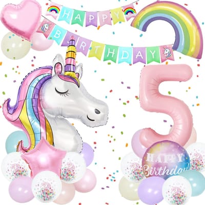Eenhoornballonnen verjaardagsset - Feestdecoratie voor meisjesfeest met folieballonnen, Happy Birthday-banner en regenboog-wolkenballonnen