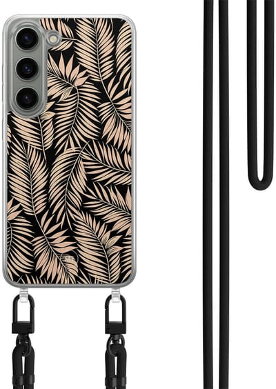 Hoesje met koord geschikt voor Samsung Galaxy S23 - Palm silhouette - Inclusief Zwart koord - Crossbody beschermhoes - Transparant, Zwart, Beige - Mooie Telefoonhoesjes