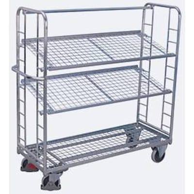 Etagewagen, staal/gaas, zilver, 3 etages, 1650 x 650 mm, 2 kopwanden met ronde stalen verstevigingen, EasySTOP, tot 400 kg