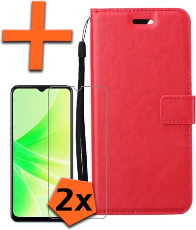 Hoes - Met 2x Screenprotector - Geschikt voor OPPO A57 - Luxe Pasjeshouder - Bookcase Portemonee - Flip Case - Kunstleer Book Case - Flipcase Hoes - Book Cover - Walletcase - PortemonneeHoes - Rood