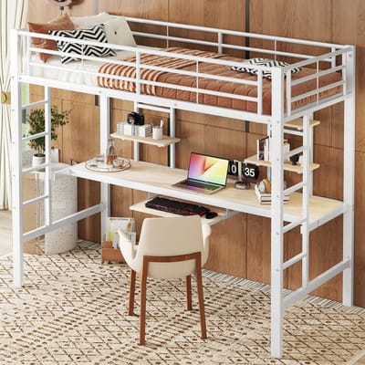 DESMIU Hoogslaper 90 x 200 cm – Stalen Bedframe Met Bureau En 2 Planken – Met Opbergruimte Voor Studie En Werk – Minimalistische Stijl – Wit – Zonder Matras