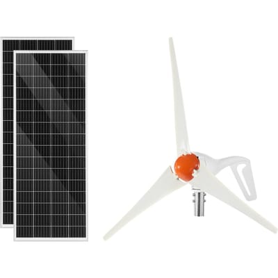 Kit Solaire Éolien 12V 400W, 2 Panneaux Solaires Monocristallins 100W + Éolienne 200W + Contrôleur Hybride Solaire/Éolien MPPT pour Maison Camping-car Bateau