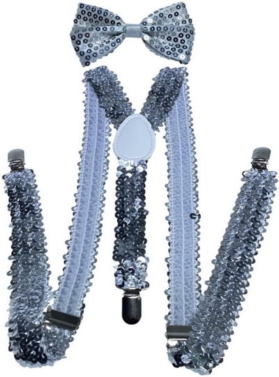 Glinsterende Sequin Suspender met Strik en Elastische Y-Back, One Size, Zilverkleurig, Perfect voor Feestjes en Bruiloften