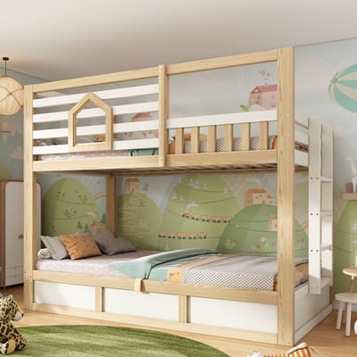 PHOEBE CAT Stapelbed - 90 x 200 cm - Met veiligheidshek - Opbergruimte - Huisvorm - Kinderbed - Wit + Naturel