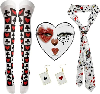 Kostuumset voor de Koningin van Harten voor Vrouwen met Accessoires voor Halloween en Carnaval, inclusief Opaque Hold-Ups, Hart Gem Sticker, Poker Strik en Oorbellen