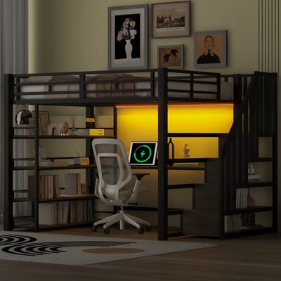 Hoogslaper - 140x200 cm - Met Bureau en Trap - USB en Led-verlichting - Metaal - Zwart