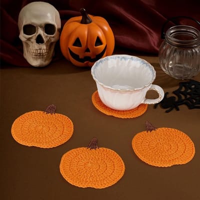 Dailygoods- Onderzetter Pompoen - 8 Stuks - Handgemaakt - Halloween - Herfst - 11x10,5 cm - Polyester - Drankonderzetters