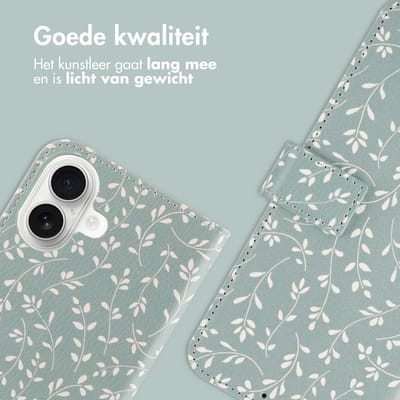 imoshion Hoesje - Geschikt voor Apple iPhone 16 - Design Bookcase smartphone - Smoke Green Flowers