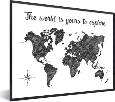 Poster in lijst - Fotolijst 40x30 cm - Posters - Wereldkaart - Reizen - Schets - Posterlijst zwart - Decoratie - Wanddecoratie woonkamer - Muurdecoratie slaapkamer