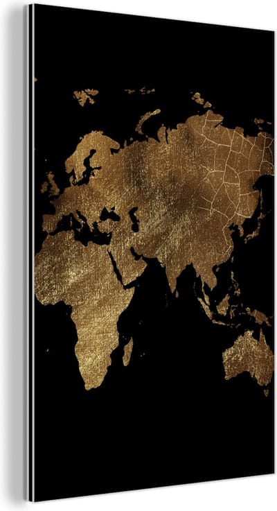 Aluminium schilderij 120x180 cm - Wanddecoratie metaal - Wereldkaart - Goud - Luxe - Aarde - Zwart - Metalen muurdecoratie woonkamer - Decoratie industrieel - Foto op dibond - Industriële accessoires slaapkamer