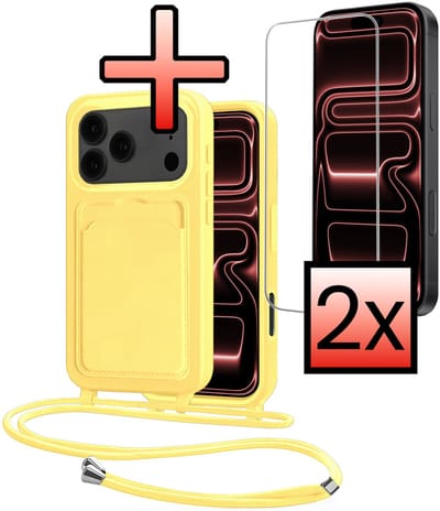 Hoes Geschikt voor iPhone 17 Pro Hoesje Pasjeshouder Cover Met Koord Case Siliconen Hoes Met Telefoonkoord en Kaarthouder Met 2x Screenprotector - Geel