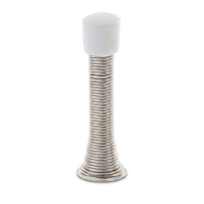 Zilverkleurige deurstopper – veer deurstopper – wandmontage – flexibel metalen ontwerp – vintage uitstraling – met witte stootdop – geschikt voor binnendeuren