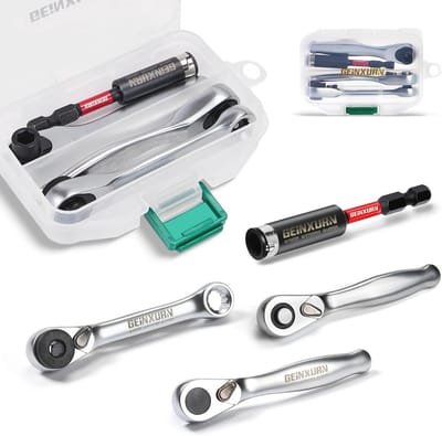 Mini Ratelsleutel en Bit Houder Set - 4 Stuks, 1/4" Drive, 72-Tands Mechanisme, Ideaal voor Krappe Ruimtes