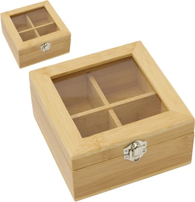 Bellatio Design Theedoos - 2x - 4-vaks - naturel - bamboe hout - 14 x 14 x 7.5 cm - theekist - kunststof kijkvenster