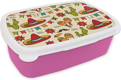 Broodtrommel Roze - Lunchbox - Brooddoos - Mexico - Cactus - Patronen - 18x12x6 cm - Kinderen - Meisje