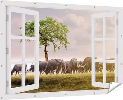 Gards Tuinposter Doorkijk Kudde Buffels bij een Boom - 180x120 cm - Tuindoek - Tuindecoratie - Wanddecoratie buiten - Tuinschilderij