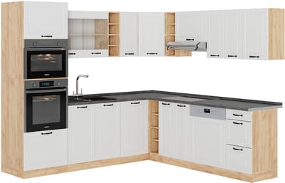 Vicco Hoekkeuken R-Line, Wit Landhuis/Goudkleurig Eiken, 247 x 237 cm zonder werkblad