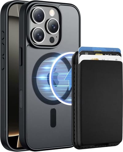 Hoesje met Pasjeshouder geschikt voor iPhone 16 Pro Hoesje - 2 Pack - Afneembare Magnetische Pasjeshouder - Vegan Leer - Geschikt voor Magsafe iPhone 16 pro - Sterk Slank en Stootbestendig - Doorzichtig - Mat Zwart