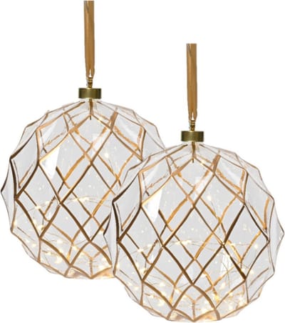 Lumineo Verlichte kerstballen - 2x - glas - aan lint - D20 cm - goud - 15 led lampjes - warm wit