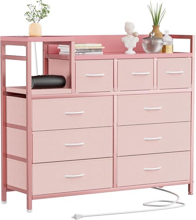 Stoffen ladekast met 9 laden & houten blad – geïntegreerd oplaadstation – opbergmeubel – Roze – 99x30x86cm