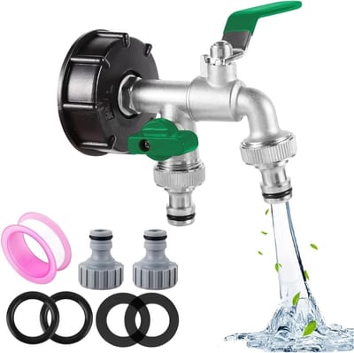 Drain Tap voor IBC Tank - 1000L Water Tank, Dubbele Uitloop, 1/2 Inch Aansluiting, Ideaal voor Regenwater en IBC Tank Accessoires