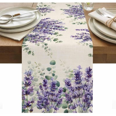 Lente Lavendel Eucalyptus Bladeren Linnen Tafel Runner Feest Decoratie Waterverf Bloemen Plant Eettafel Runners Bruiloft Decoratie 150x33cm gray