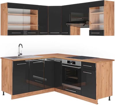 Vicco Hoekkeuken Fame-Line, Antraciet Hoogglans/Goudkleurig Eiken, 190 x 160 cm, WB Eik