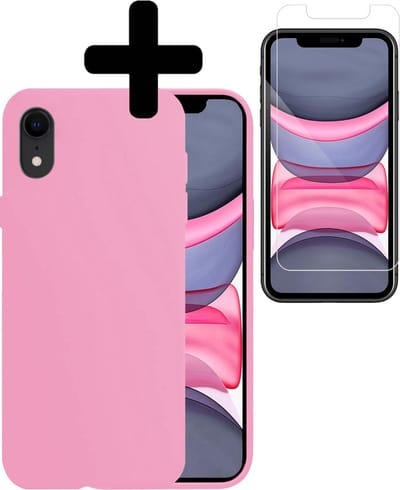 Hoesje - Met Screenprotector - Geschikt voor Apple iPhone XR - Sterk & Shockproof - Back Cover - Siliconen Case - Telefoon Hoes - Telefoonhoesjes - Roze