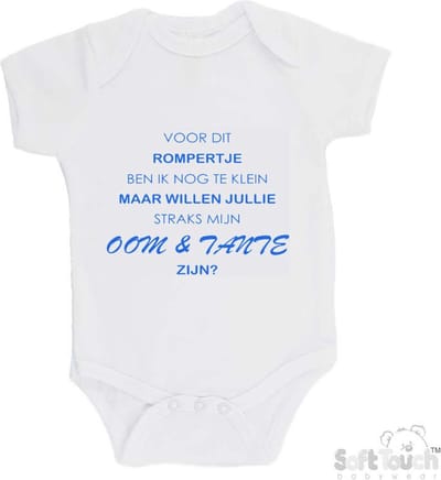 100% katoenen Romper "Voor dit rompertje ben ik nog te klein maar willen jullie straks mijn Oom & Tante zijn? " Jongens Katoen Wit/blauw Maat 62/68