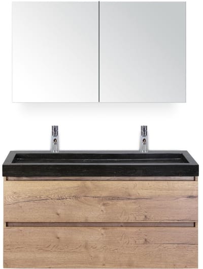 Maxx XL Badmeubelset 120 cm - Natuur Eiken - Wastafel Lucca Enkel 2 Kraangaten met Spiegelkast