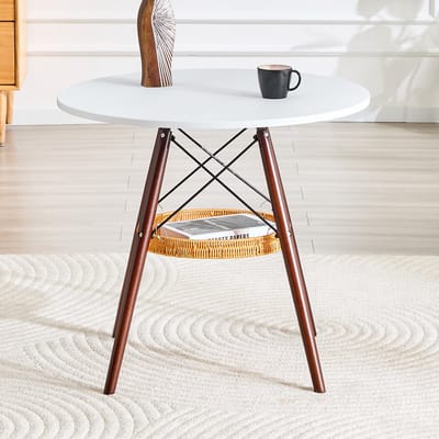MIVRAY Eettafel - Ronde Tafel Met Opbergmand - Voor Eethoek Balkon En Woonkamer - Massief Hout En MDF - 80 Cm - Wit