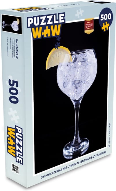 Puzzel Gin tonic cocktail met citroen op een zwarte achtergrond - Legpuzzel - Puzzel 500 stukjes