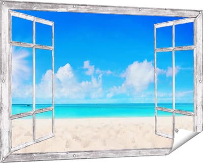 Gards Tuinposter Doorkijk Strand en Zee met Helder Witte Zand - 150x100 cm - Tuindoek - Tuindecoratie - Wanddecoratie buiten - Tuinschilderij
