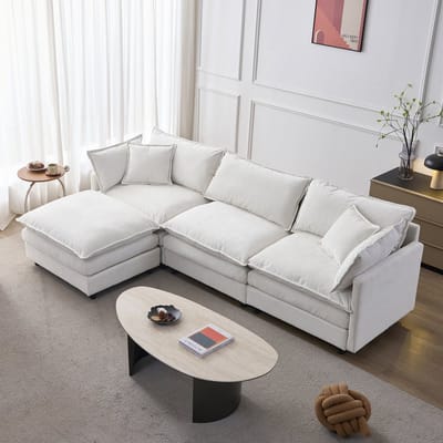 Wishdor Hoekbank Met Hocker Voor Woonkamer - Modulair Ontwerp En Liggedeelte - Moderne Uitvoering - Chenille - Beige - 3-Zits