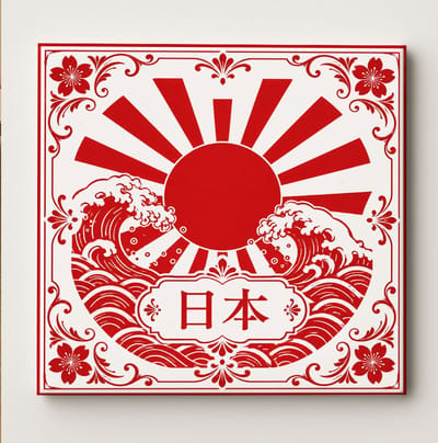 Japan Decoratieve Tegel – Rijzende Zon Design met Japanse Golven, Rode Bloemenrand en Kanji Tekst – Keramische Souvenir Cadeautegel
