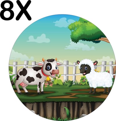 Luxe Ronde Placemat - Vrolijke Koe en Schaap - Getekend - Set van 8 Placemats - 50x50 cm - 2 mm dik Vinyl - Anti Slip - Afneembaar