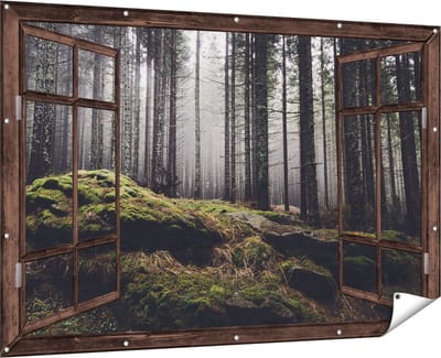 Gards Tuinposter Doorkijk Bos met Mos op Rotsen - 180x120 cm - Tuindoek - Tuindecoratie - Wanddecoratie buiten - Tuinschilderij
