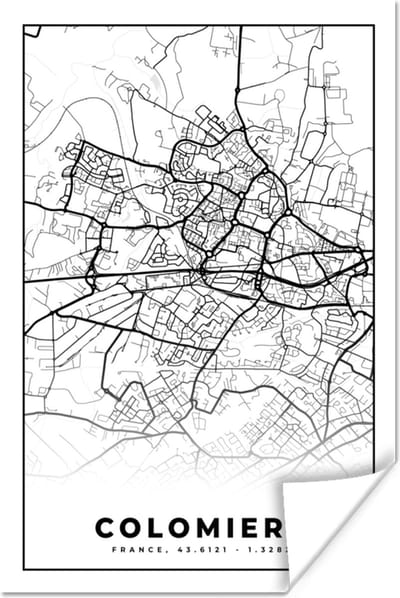 Poster Frankrijk - Kaart - Plattegrond - Colomiers - Stadskaart - Zwart wit - 120x180 cm XXL