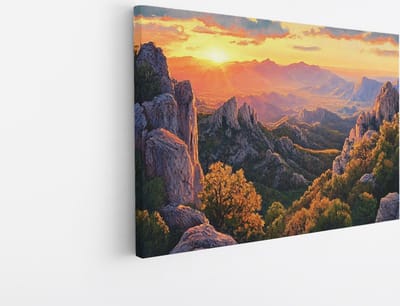 Saammp Canvas Schilderij - Natuur - Bergtoppen met bomen - landschap - 45x30 - Foto op canvas - Wanddecoratie - Muurdecoratie Woonkamer - Slaapkamer decoratie - Canvas Print