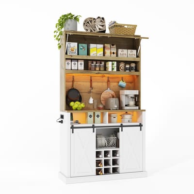 Hoge Keukenkast Met LED - Vitrinekast Met Wijnrek En Stopcontact - RGB Verlichting En Haken - Voor Keuken En Eetkamer - 110x40x191 cm Naturel Wit
