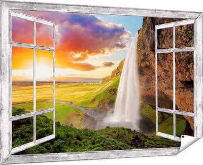 Gards Tuinposter Doorkijk Waterval in IJsland met Zonsondergang - 180x120 cm - Tuindoek - Tuindecoratie - Wanddecoratie buiten - Tuinschilderij