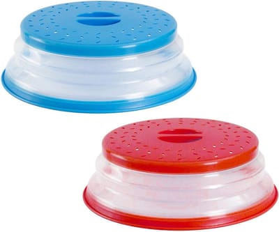 Magnetron-spatbescherming, inklapbare voedselafdekking, magnetronbordafdekking, beschermdeksel met stoomontluchting en handvat, voor groenten en fruit, 2 stuks, rood + blauw