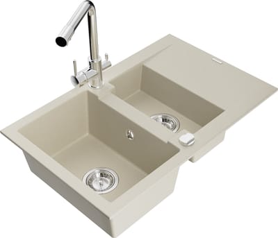 Mexen Gaspar granieten spoelbak 1,5-komoren met afdruiprek en keukenmengkraan Duero, beige - 6507-69-671600-00