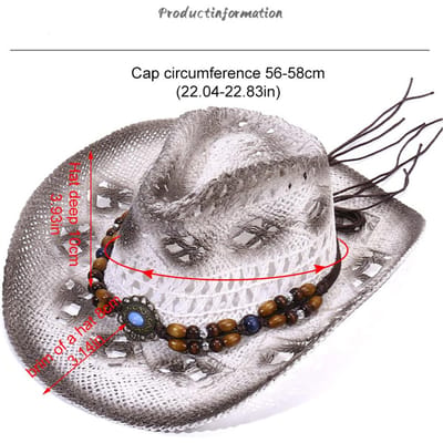 Stro Cowboy Cowgirl Hoed voor Mannen Vrouwen Brede Rand Holle Ademende Zonnehoed met Kralen Trim Band gray