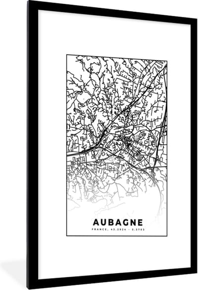 Fotolijst incl. Poster Zwart Wit- Plattegrond - Kaart - Frankrijk - Stadskaart - Aubagne - Zwart wit - 60x90 cm - Posterlijst