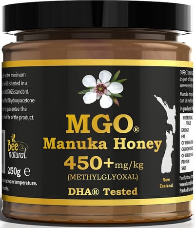 Bee Natural MGO 450+ Manuka Honing in een milieuvriendelijke echt glazen pot van ongekleurd glas * 250G Premium Monoflorale ManukaHoning uit Nieuw-Zeeland # T.h.t. 01-11-2026 # MGO 300 = UMF 10, 356 400 = UMF 12, 420 450 = UMF 13, 514 550 = UMF 15