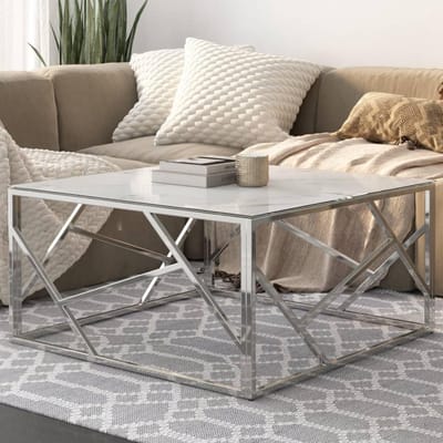 Moderne salontafel - Woonkamertafel - Woonkamer inrichten - Marmerglas blad - 80x80x40 cm - Zilver wit