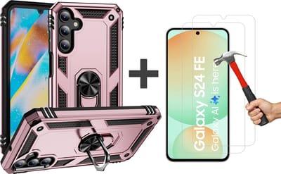 Hoesje Geschikt voor Samsung Galaxy S24 FE hoesje - Hybrid Armor Anti-Shock hoes - Arara Ringhouder TPU backcover met 2 Stuks gehard glas Screenprotectors - Rosegoud
